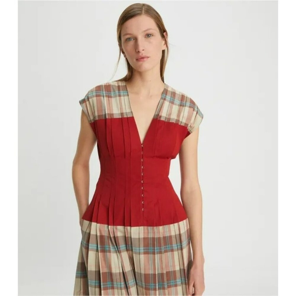 T-178. Tory Burch Madras Plaid Silk Clear Dress McCardell Madras Plaid Red US 4 - Picture 3 of 11